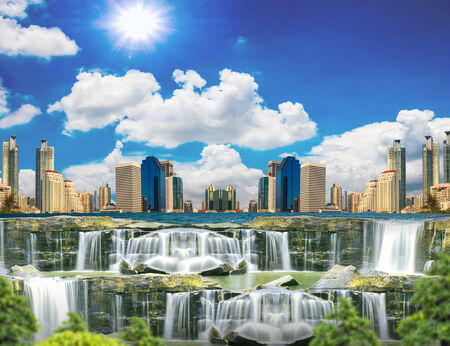Environment with waterfall at the city. Useful for your advertisementの写真素材