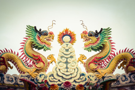 Dragon statue on china temple roofの写真素材