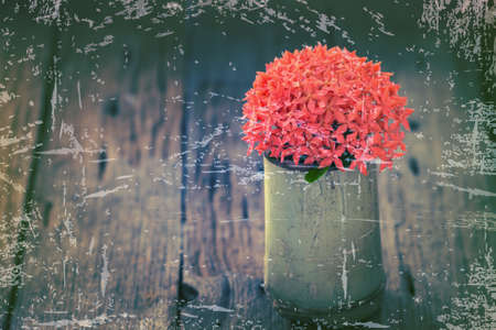Red Ixora flower in bamboo on wood tableの写真素材