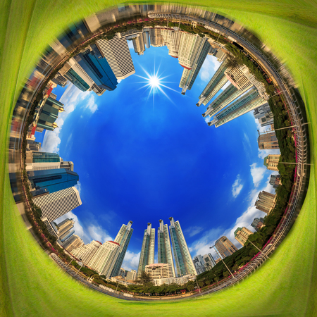 City building in blue sky with the sun,360 angle