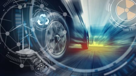 Tires is spin of speeding car with copy space. Low angle side view of car driving fast on motion blurの写真素材