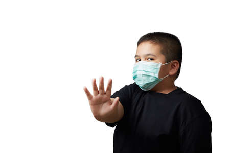 Asian boy wearing the mask Respiratory Protection Mask against Coronavirus. Isolated on white