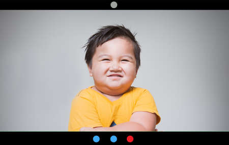Screen view of happy kid child chat using Webcam, communicate online on quarantine