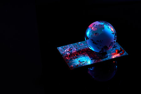 World on Circuit board. electronic printed circuit board with technology style and sci-fi conceptの写真素材