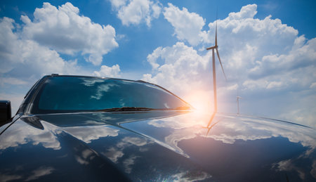 EV car with power of turbine farmの写真素材