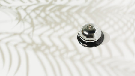 Bell of service with palm leaves shadow on white backgroundの写真素材