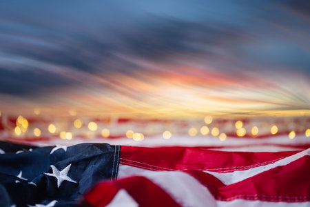 4th of july of independence day, labor day,United States , USA Flag with bokeh with sunrise skyの写真素材