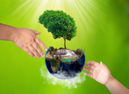 World environment day concept, Earth day, Earth and tree on handsの写真素材