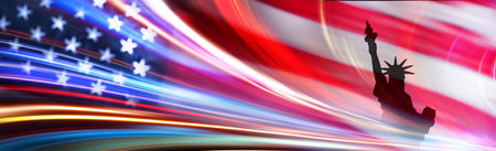 Silhouette Statue of Liberty with USA flag and motion lighting. 4th of july of independence dayの写真素材