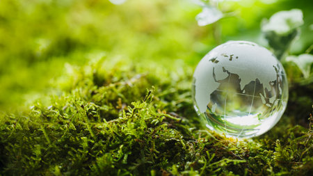 Glass globe on green moss in nature concept for environment and conservation