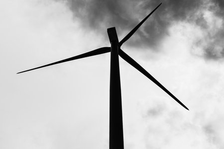 Black and white photo with Turbine and cloudsの写真素材