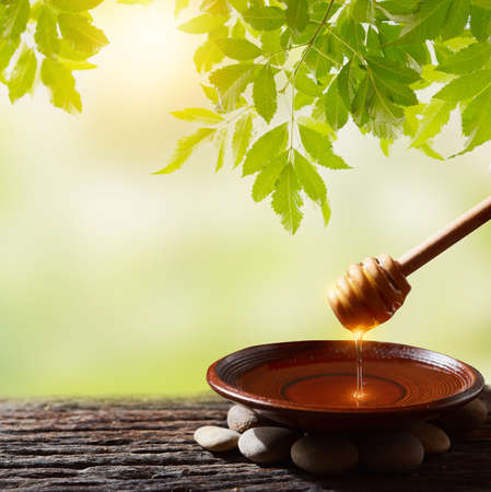 Honey drips from a honey dipper in a bowl. Healthy natural honey dipped close-up wooden spoon honeyの写真素材