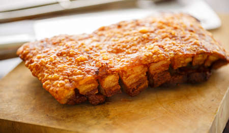 Pork belly crispy sliced cook by roasted or deep fryの写真素材