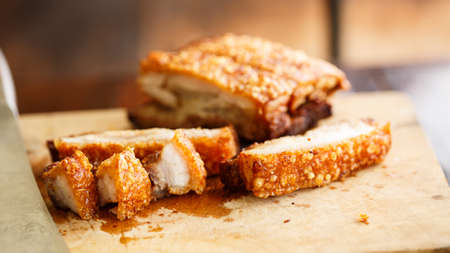 Pork belly crispy sliced cook by roasted or deep fryの写真素材