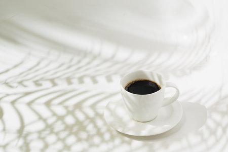 Hot black coffee and palm leaf silhouetteの写真素材
