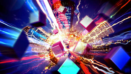 Explosion of light from the city, Sci-fi abstract for backgroundの写真素材