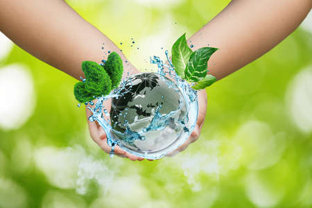 World environment day concept, Earth day, Earth and tree on handsの写真素材
