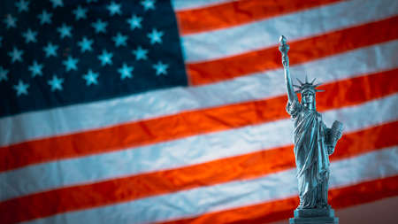 Statue of Liberty on the background of flag usa with fireworkの写真素材