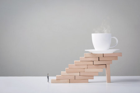 Businessmen need coffee. Coffee cup on wooden stair. Coffee of workerの写真素材