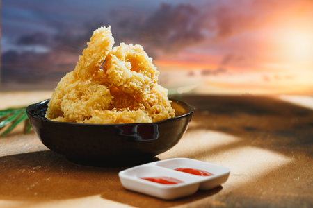 Deep fried squid on plate with sunlightの写真素材