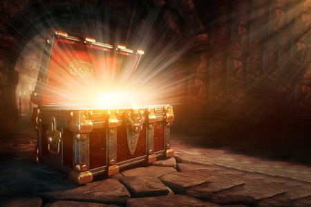 Open the glowing ancient treasure chest, Ai generateの素材