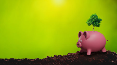 piggy bank with tree sapling. representing eco-friendly investmentの写真素材