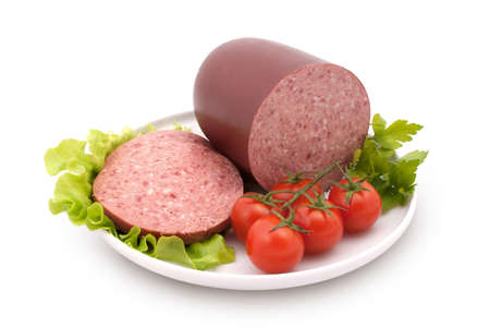 Sausage on Plate with Tomatoes Isolated on White Backgroundの写真素材
