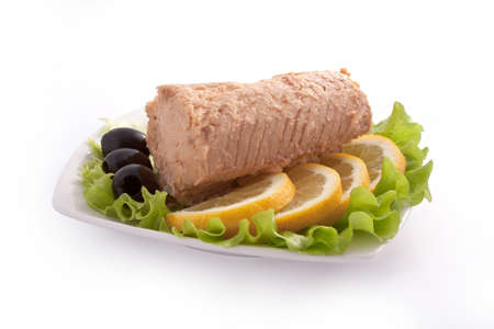 Composition with Canned Pink Salmon Steak Isolated on White Background with Clipping (Work) Path...