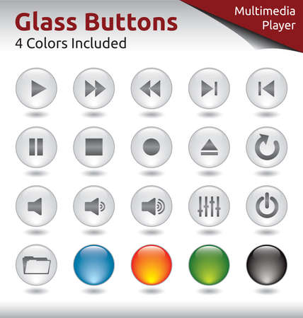 Glass Buttons for Web and Application Usage, Media Player, 4 Color Variations Includedのイラスト素材