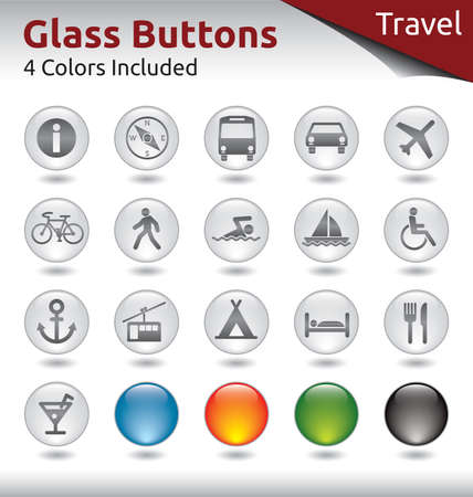 Glass Buttons for Web Usage, Travel and Holidays, 4 Color Variations Includedのイラスト素材