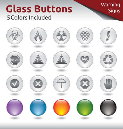 Glass Buttons for Web Usage, Warning Signs, 5 Color Variations Includedのイラスト素材