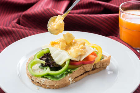 Food series : Egg and cheese sandwich whole wheat bread on white plate