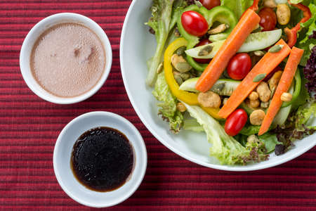 Food series : Salad on red table clothの写真素材