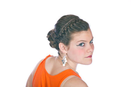 Teen girl in dance costume against white backgroundの写真素材