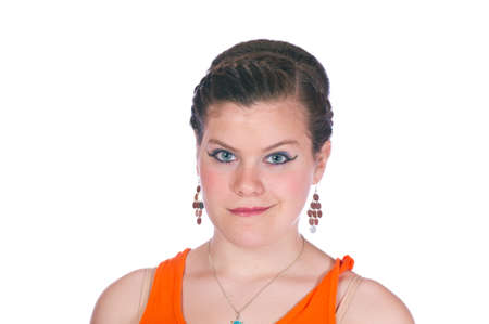 Teen girl in dance costume against white backgroundの写真素材