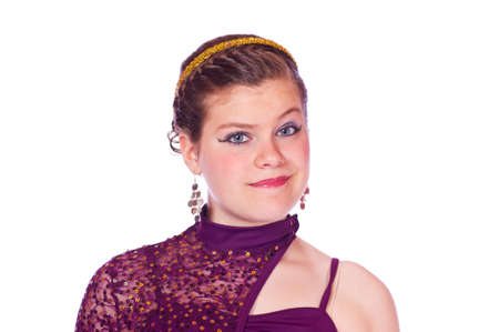 Teen girl in dance costume against white backgroundの写真素材