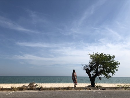woman stand on beach under treeの写真素材