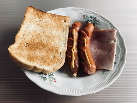 toast ham and fried egg, breakfastの写真素材
