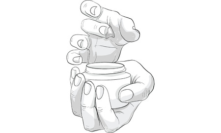 Shaded outline sketch of hand, holding a lotion or cream container vector illustration.のイラスト素材