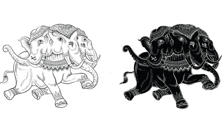 3heads elephant in Thai traditional tattoo, Thai traditional painting in temple vectorのイラスト素材