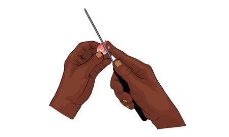 hand holding knife peel off onion vectorのイラスト素材