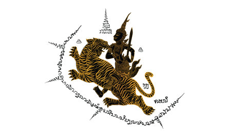 man riding tiger drawing in Thai tattooのイラスト素材