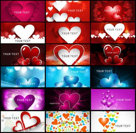 Creative Valentine's Day bright colorful heart collection business card set vector illustrationのイラスト素材