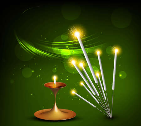 happy diwali vector festival crackers on diya green colorful backgroundのイラスト素材