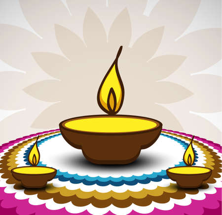 Rangoli and a decorated illuminated diwali diya card background vectorのイラスト素材