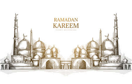 Hand drawn ramadan kareem and mosque sketch backgroundのイラスト素材