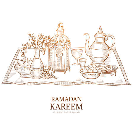 Ramadan kareem greeting card hand draw sketch backgroundのイラスト素材