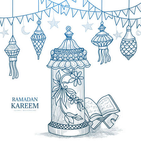 Hand drawn sketch the holy book of the Koran on the stand backgroundのイラスト素材