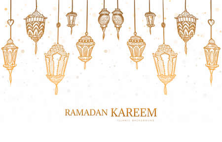 Ramadan kareem greeting card hand draw sketch backgroundのイラスト素材