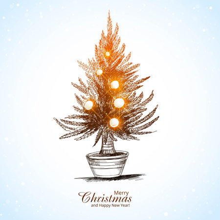 Beautiful merry christmas shiny tree sketch card backgroundのイラスト素材